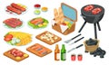 Isometric barbecue food, bbq grill meat, vector illustration set, grilled beef, fish steak on picnic party, 3d icons