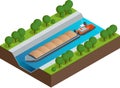 Isometric Barge on a River. Very large ship. Containerized trade, liquid bulk and dry bulk shipping. International