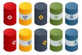 Isometric Barrels with flammable substances, Biohazard waste, Radioactive waste, Toxic waste.