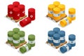 Isometric Barrels with flammable substances, Biohazard waste, Radioactive waste, Toxic waste.