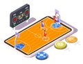 Isometric basketball court with players on smartphone screen, flat vector illustration. Basketball mobile game.