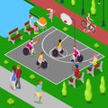 Isometric Basketball Playground. Disabled People Playing Basketball in the Park. Vector