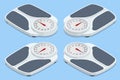 Isometric Bathroom Scales on white background, top view. Weight loss, healthy lifestyles, diet, proper nutrition.