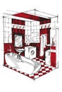 Isometric bathroom with washing machine, sink, mirror, bathroom and furniture.