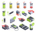 Isometric battery, accumulators and chargers indicators. Energy power detectors, low battery, charging levels icons 3d vector