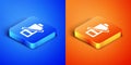 Isometric Battery charge level indicator icon isolated on blue and orange background. Square button. Vector