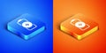 Isometric Battery charge level indicator icon isolated on blue and orange background. Square button. Vector