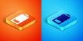 Isometric Battery charge level indicator icon isolated on orange and blue background. Vector