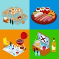 Isometric BBQ Picnic Food. Summer Holiday Camp. Grilled Meat, Wine and Vegetables