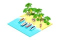 isometric beach with boats, palm trees and people