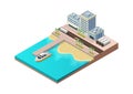 Isometric beach with seaport building