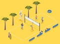 Isometric beach volleyball with players, judge and spectators on chairs on yellow background