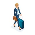 Isometric of a beautiful woman on a business trip, comes with her luggage at the airport. A beautiful business suit. Traveling bus