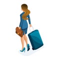 Isometric of a beautiful woman on a business trip, comes with her luggage at the airport, rear view. Stylish business suit. Travel