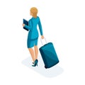 Isometric of a beautiful woman on a business trip, comes with her luggage back view. A beautiful business suit. Traveling business