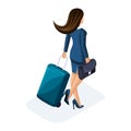 Isometric of a beautiful woman on a business trip, comes with her luggage back view. Elegant business suit,Traveling business lady