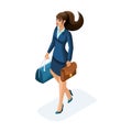 Isometric of a beautiful woman on a business trip, comes with her luggage. Elegant business suit. Traveling business lady