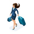 Isometric of a beautiful woman on a business trip, comes with her luggage. Elegant stylish business suit. Traveling business lady