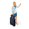 Isometric of a beautiful woman on a business trip, goes with her luggage, waving to meet. Stylish business suit. Traveling busines