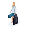 Isometric of a beautiful woman on a business trip, standing with her luggage. A beautiful business suit. Traveling business lady.