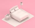 Isometric Bedroom with floor lamp and nightstand, 3d Icon in flat color pink room,single color white,3d rendering