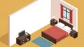 Isometric Bedroom Interior Design with Bed Nightstands and Entertainment Unit Royalty Free Stock Photo