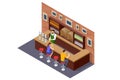 Isometric Beer bar counter. Interior of pub or bar. Beer bar, the bartender pours beer, guests sit at the bar.