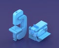 Isometric belt sander and bandsaw on blue background, single color workshop tool, 3d rendering