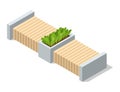 Isometric benche icon. Eco street seating. Modern design element with flower bed in city park. Place for rest