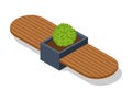 Isometric benche icon. Eco street seating. Modern design element with flower bed in city park. Place for rest