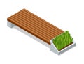 Isometric benche icon. Eco street seating. Modern design element with flower bed in city park. Place for rest