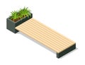 Isometric benche icon. Eco street seating. Modern design element with flower bed in city park. Place for rest