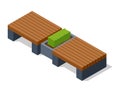 Isometric benche icon. Eco street seating. Modern design element with flower bed in city park. Place for rest