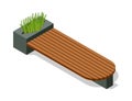 Isometric benche icon. Eco street seating. Modern design element with flower bed in city park. Place for rest