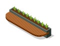 Isometric benche icon. Eco street seating. Modern design element with flower bed in city park. Place for rest