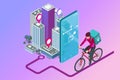 Isometric bicycle courier, Express delivery service. Courier on bicycle with parcel box on the back delivering food In