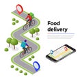 Isometric bicycle courier, Express delivery service. Courier on bicycle with parcel box on the back delivering food In