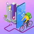 Isometric bicycle courier, Express delivery service. Courier on bicycle with parcel box on the back delivering food In Royalty Free Stock Photo