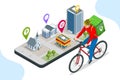 Isometric bicycle courier, Express delivery service. Courier on bicycle with parcel box on the back delivering food In