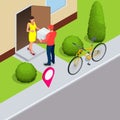 Isometric bicycle courier, Express delivery service. Courier on bicycle with parcel box on the back delivering food In Royalty Free Stock Photo