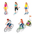 Isometric Bicycle. Family Cyclists. Roller Skating girl.