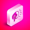 Isometric Bicycle head lamp icon isolated on pink background. Cycling road sport night ride light. Silver square button