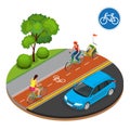 Isometric Bicycle road sign and bike riders