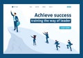 Isometric Big businessman at the top symbolizes leadership and success, people follow him. Website Template Landing page