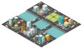 Isometric big city and bridge over river. Two bridges. Town district street. Cars traffic end buildings. Cityscape infrastructure