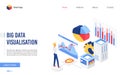 Isometric big data analysis vector illustration, website interface 3d design with cartoon financial analyst character