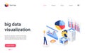 Isometric big data analysis visualization landing page, analyzing business graphs