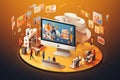 Isometric big data concept with 3d people around computer monitor on orange background, Embrace the Subscription Economy with Royalty Free Stock Photo