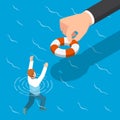 Isometric big hand giving a lifebuoy to help businessman.