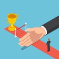 Isometric big hand hinder businessman from finish line and trophy Royalty Free Stock Photo